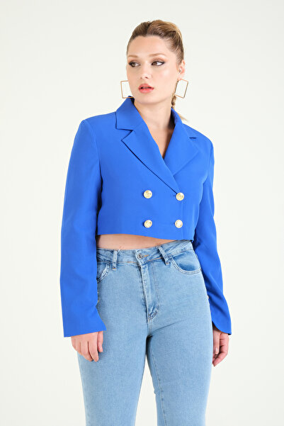Giyim Dünyası Saks Blue Women's Crop Jacket - Buttoned