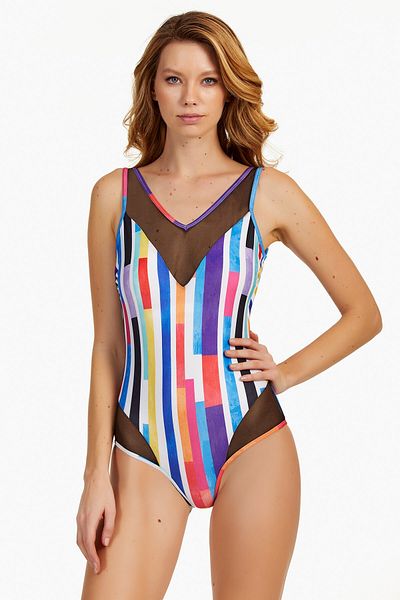 Argento Costum de baie din tul cu dungi cu decolteu în V