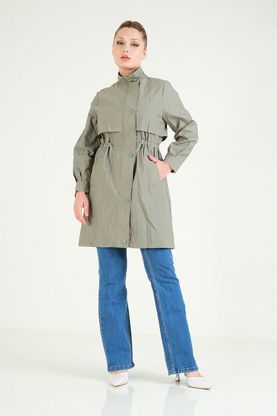 Giyim Dünyası Khaki Women's Trench Coat - Parachute Fabric, Elastic Waist