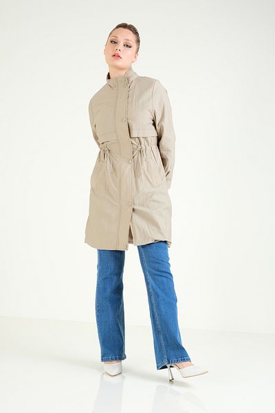 Giyim Dünyası Light Khaki Women's Trench Coat - Parachute Fabric, Elastic Waist