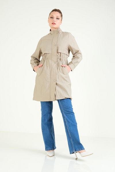 Giyim Dünyası Light Khaki Women's Trench Coat - Parachute Fabric, Elastic Waist