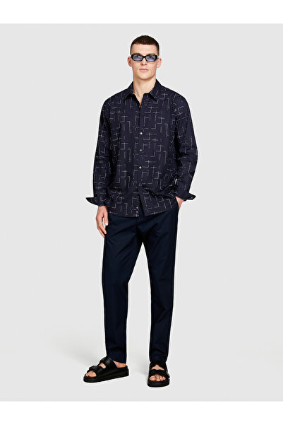 Sisley بنطال رجالي بقصة ضيقة باللون الأزرق الداكن - 100% قطن، برباط عند الخصر