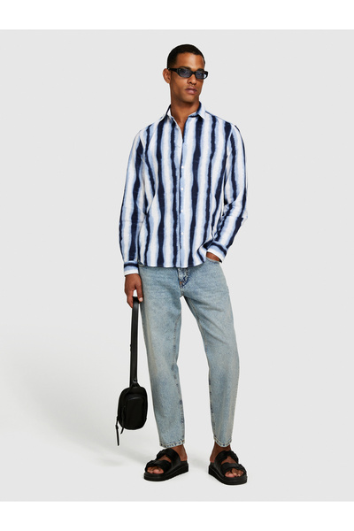 Sisley Ανδρικό πουκάμισο με μοτίβο από μείγμα λινό-βαμβάκι με λεπτή εφαρμογή