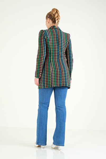 Giyim Dünyası Green Women's Jacket - Houndstooth Pattern and Metal Button Detail
