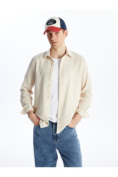 LC Waikiki Lcw Casual Light Beige Striped Regular Fit Long Sleeve Linen Blended Men's Shirt