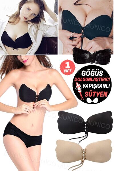 Munico 1 Çift Siyah Ortası İpli Silikon Sütyen Göğüs Dik Ve Sexy Gösteren Kok...