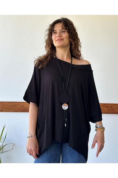 ByEnBi Short Sleeve Black Tunic with Asymmetric Cut Necklace Std
