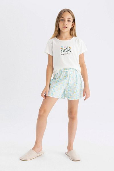 DeFacto Girl's Pajama Set Crew Neck Printed Short Sleeve Top Shorts D2915A824Sm