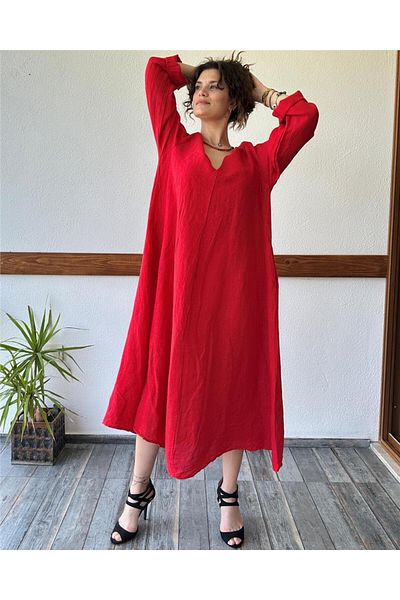 ByEnBi Red Italian Linen - V-neck Long Sleeve Plus Size Dress