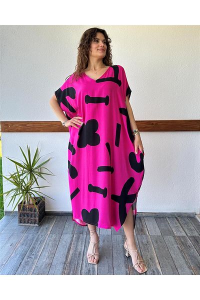 ByEnBi Black Patterned Fuchsia Plus Size Dress Std