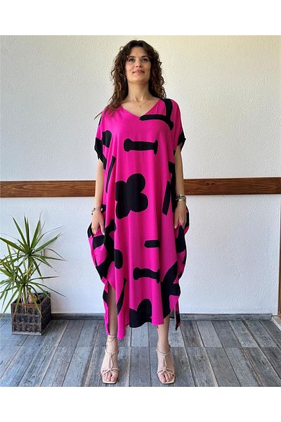 ByEnBi Black Patterned Fuchsia Plus Size Dress Std