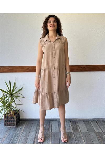 ByEnBi فستان قميص موسلين بيج بدون أكمام Std