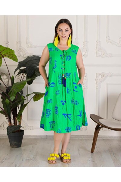 ByEnBi Green Blue Viscose Cotton Sleeveless Dress with Pompom
