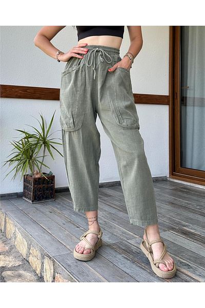 ByEnBi Khaki Cotton Linen Shalwar Trousers - Double Pocket