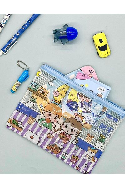 Kağıt Gemi Dükkan Cute Transparent and Zippered Blue A5 File Folder/Collector/Pencil Case/Zipper Bag