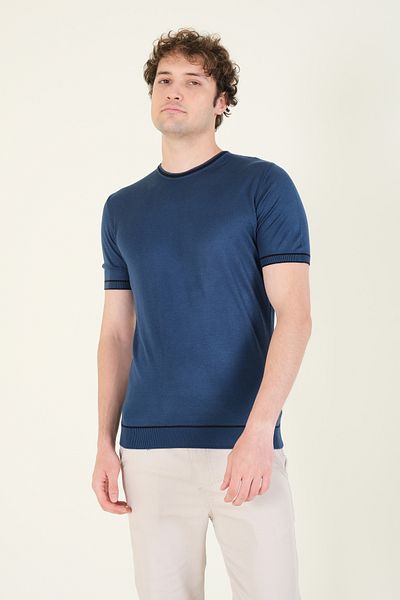 Giyim Dünyası Ανδρικό μπλουζάκι Petrol Blue - Crew Neck, Piping και Mercerized