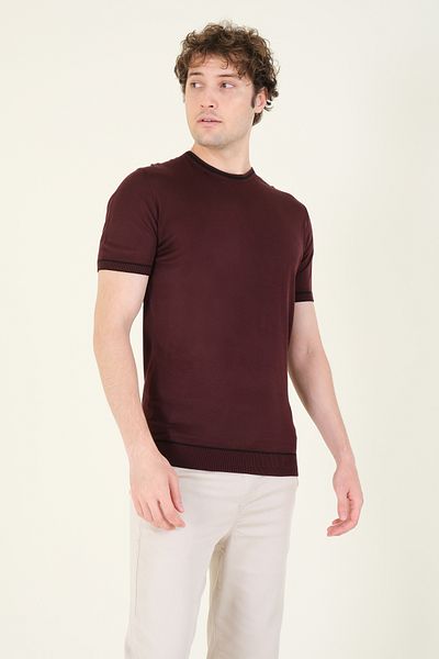Giyim Dünyası Tricou pentru bărbați Plum - Gâtul Crew, Piping și Mercerized