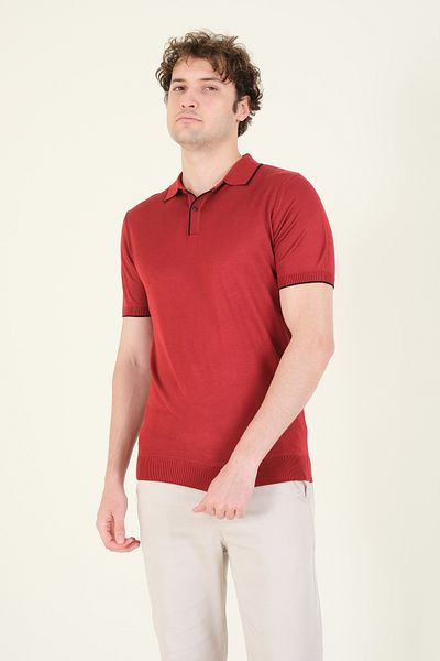 Giyim Dünyası Tricou pentru bărbați roșu Claret - guler snap, mercerizat cu țevi