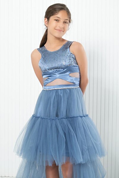 SUBU TASARIM Rochie de seara din tul indigo cu imprimeu Stone, MDV340