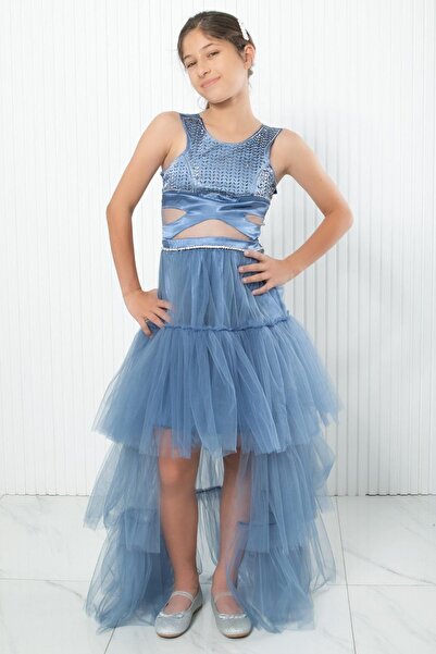 SUBU TASARIM Βραδινό φόρεμα από τούλι Indigo - Λεπτομέρεια εκτύπωσης με πέτρα, MDV340