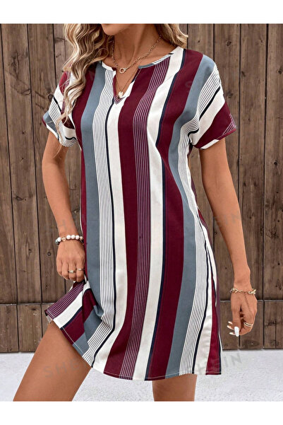 JANES Γυναικείο μονό ζέρσεϊ φόρεμα με ριγέ V λαιμόκοψη - κοντό μανίκι