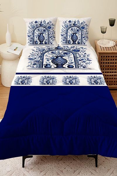 Else Dekor Vintage Patterned Blue and White Double Person Microfiber Quilted - With Quilt Pillow Case