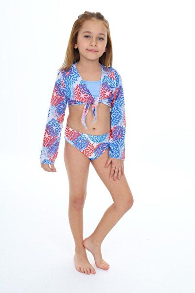 ALİŞ KİDS Σετ μπικίνι με μπλε φύλλα - 3 τεμαχίων με παρεο