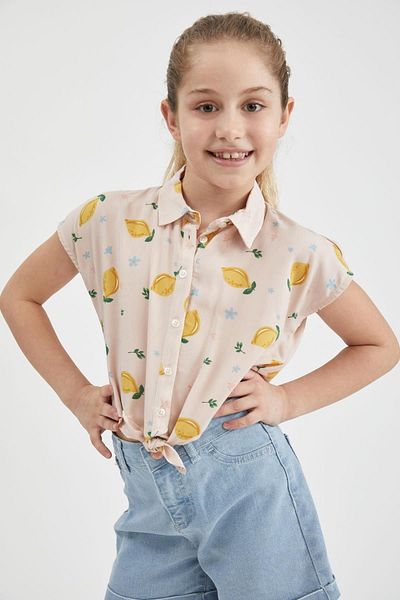DeFacto Girl's Lemon Patterned Tie-Up Short Sleeve Crop Shirt