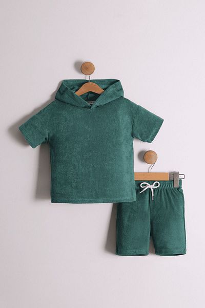 Pollito Boy's Green Benetton T-Shirt and Shorts - Hooded Terry Fabric 2-Piece Set