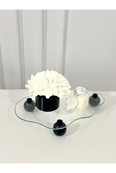 Shura Homeware Eğri Cam Tepsi Siyah Top Ayaklı Dekoratif Düzenleyici Stant