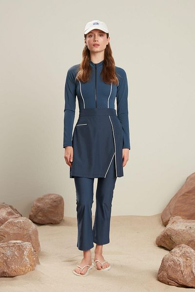 Manuka Gerippter Hijab-Badeanzugrock in Marineblau