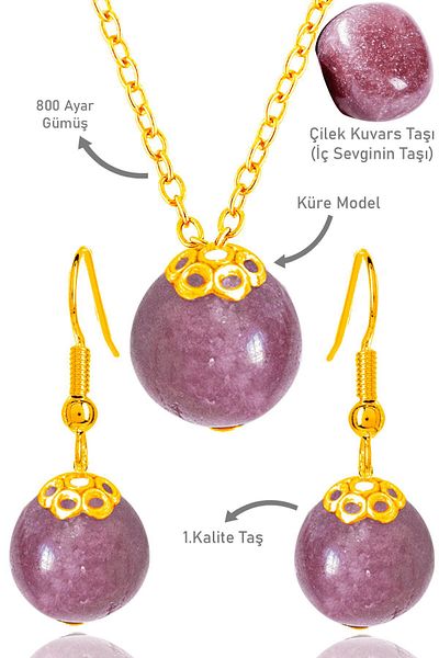 Tesbih Atölyesi Gold Globe Model Strawberry and Quartz Stone Necklace and Earring Set - Silver Apparatus