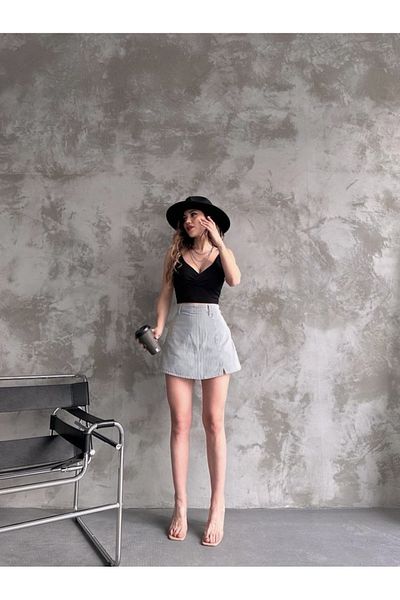 Fav Style Double Pocket Denim Mini Shorts Skirt - Women's Striped