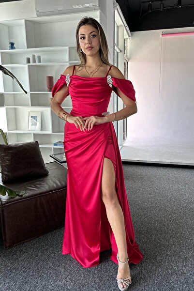 İyem Abiye Balon Kol Ve Taş Detay Allerli Şık Tasarım Saten Abiye Elbise