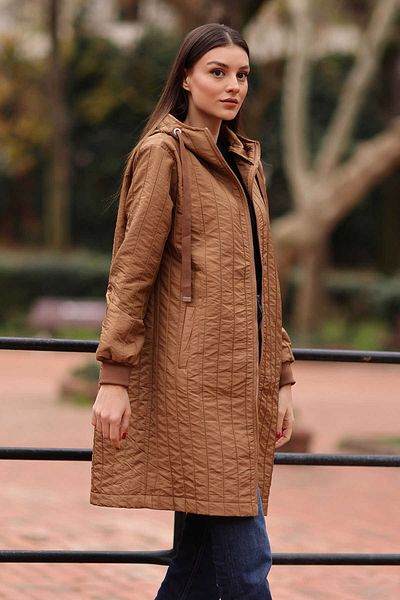 Giyim Dünyası Women's Hooded Quilted Trench Coat Tan