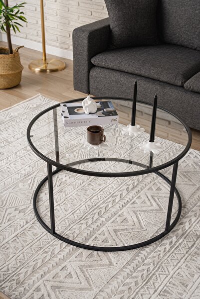 DEKOPRATİK - Berlin Orta Sehpa - 80 Cm Yuvarlak Şeffaf Camlı Sehpa
