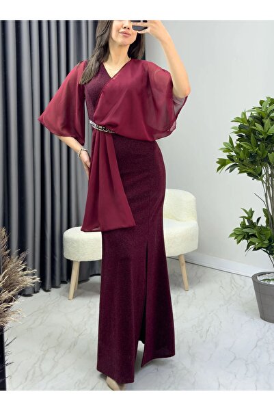 Phoenix Women فستان سهرة بحزام شيفون مزين بالأحجار