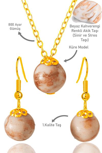 Tesbih Atölyesi Gold Certified Globe Model Brown White Jasper Necklace and Earring Set - Silver Apparatus