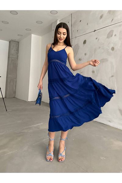 Fav Style Rochie midi cu bretele midi cu decolteu în V de culoare bleumarin