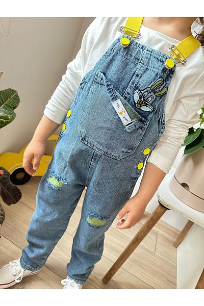 VOSVOSBABY Salopetă unisex din denim cu detaliu iepure galben