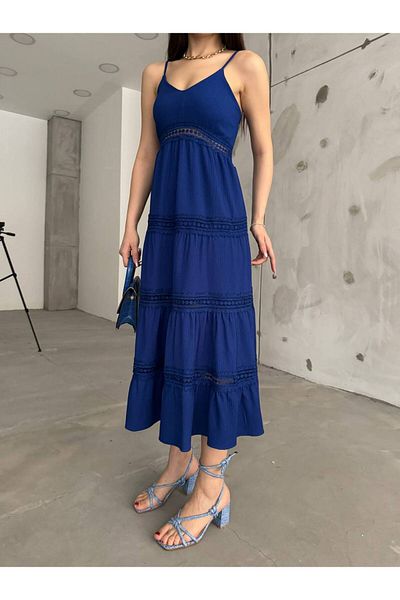 Fav Style Rochie midi cu bretele midi cu decolteu în V de culoare bleumarin