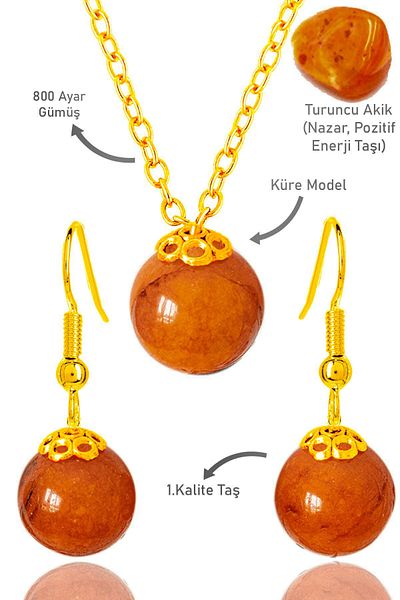 Tesbih Atölyesi Gold Globe Model Orange Agate Stone Necklace and Earring Set - Silver Apparatus - Dark Color