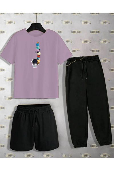 aynewmoda Astronaut Patterned T-shirt and Shorts Tracksuit Set