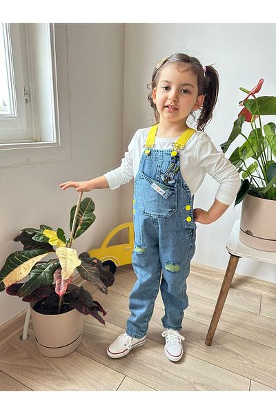 VOSVOSBABY Salopetă unisex din denim cu detaliu iepure galben