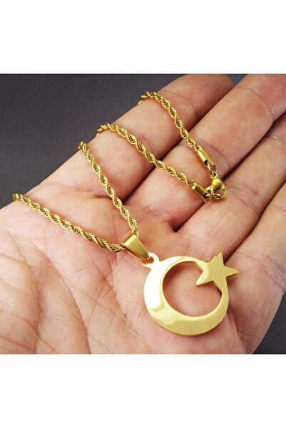 vogutima قلادة من الفولاذ للرجال والنساء - قمر ونجمة علم تركي أصفر اللون • هد...