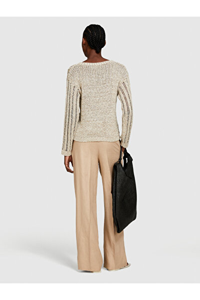 Sisley Γυναικείο παντελόνι σε χρώμα καφέ γάλακτος - 100% λινό, με κορδόνι στη μέση, πλισέ, φαρδύ πόδι