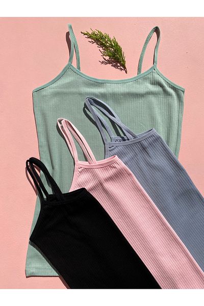 LEYNA BUTİK Women's 4 Pieces Corded, Cotton, Lycra, Ribbed Blouse with Rope Straps (Green-Pink-Blue-Black)