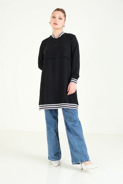 Giyim Dünyası Black Tunic - Ribbed Collar and Half Zipper