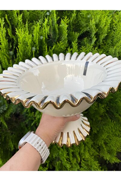 elif aksesuar Gebo Porselen Gold Detaylı Ayaklı Servis Sunum Kasesi (28*28*20cm)