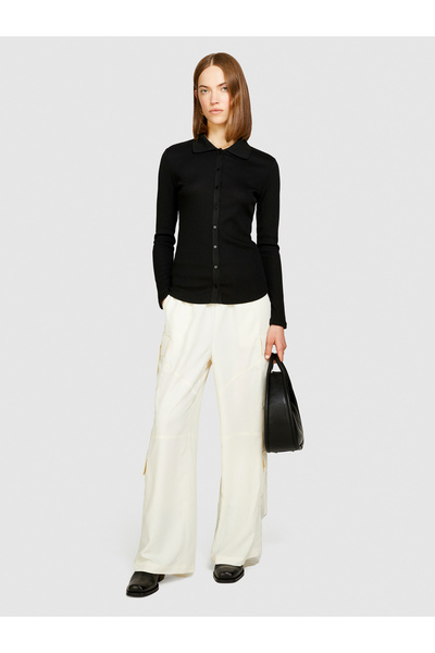 Sisley Γυναικείο παντελόνι με φαρδύ πόδι σε κρεμ χρώμα με ελαστική λεπτομέρει...